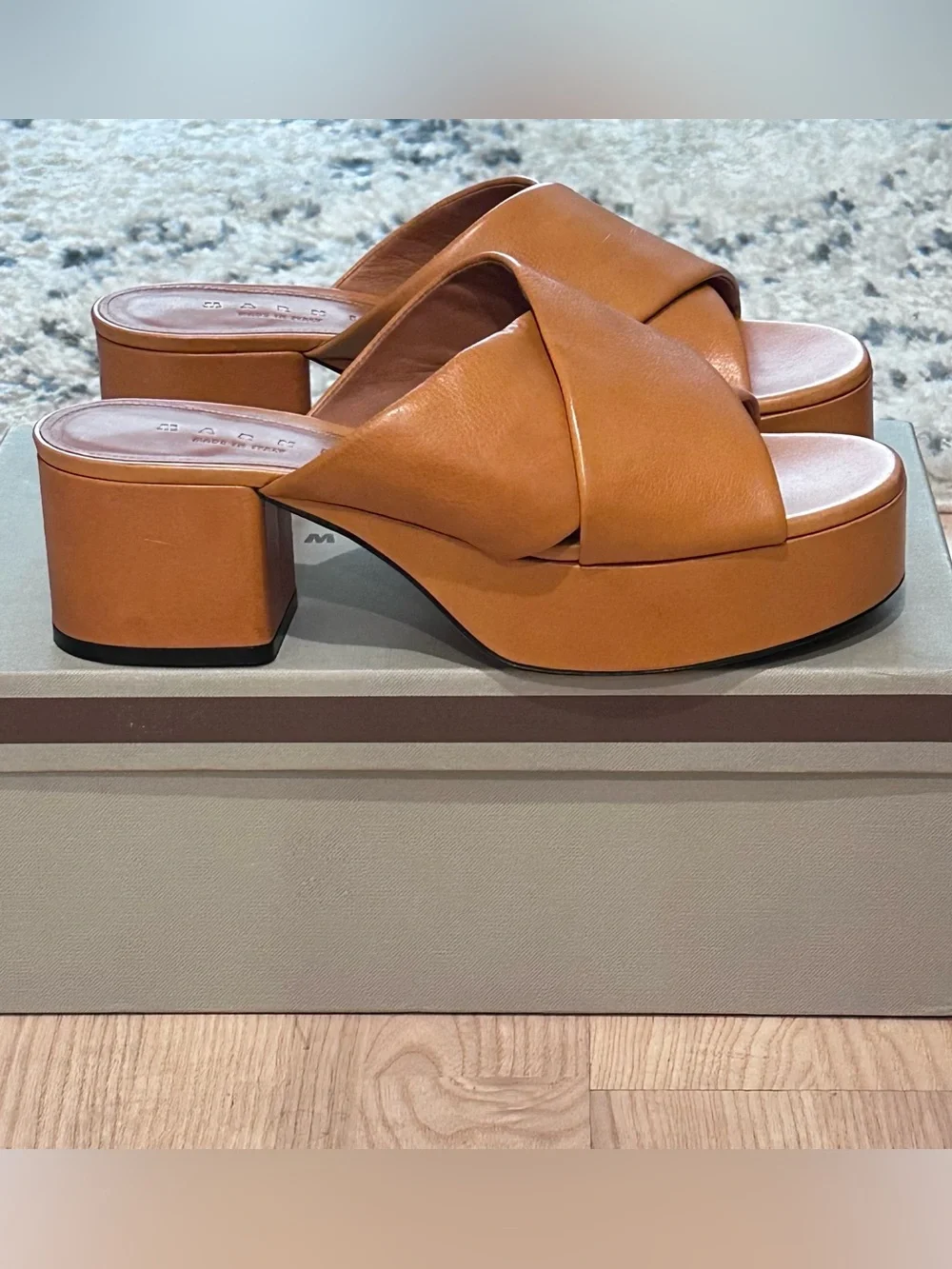 Marni Tan Cognac Leather Cross-Strap Platform Mules